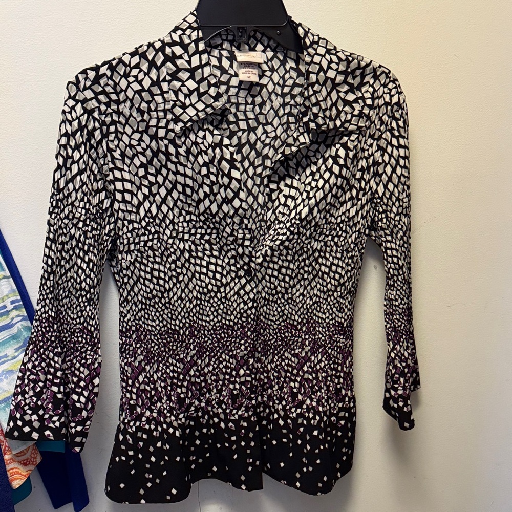 Covington Black and White Button-Down Blouse with Purple Accents